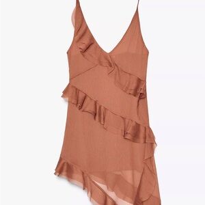ZARA Asymmetric Ruffle Slip Brown Dress in Size M